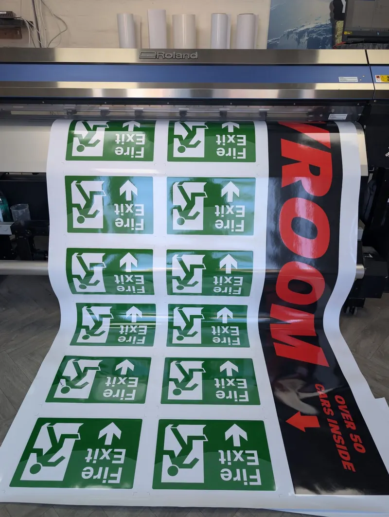 Fire exit sign stickers printed on vinyl
